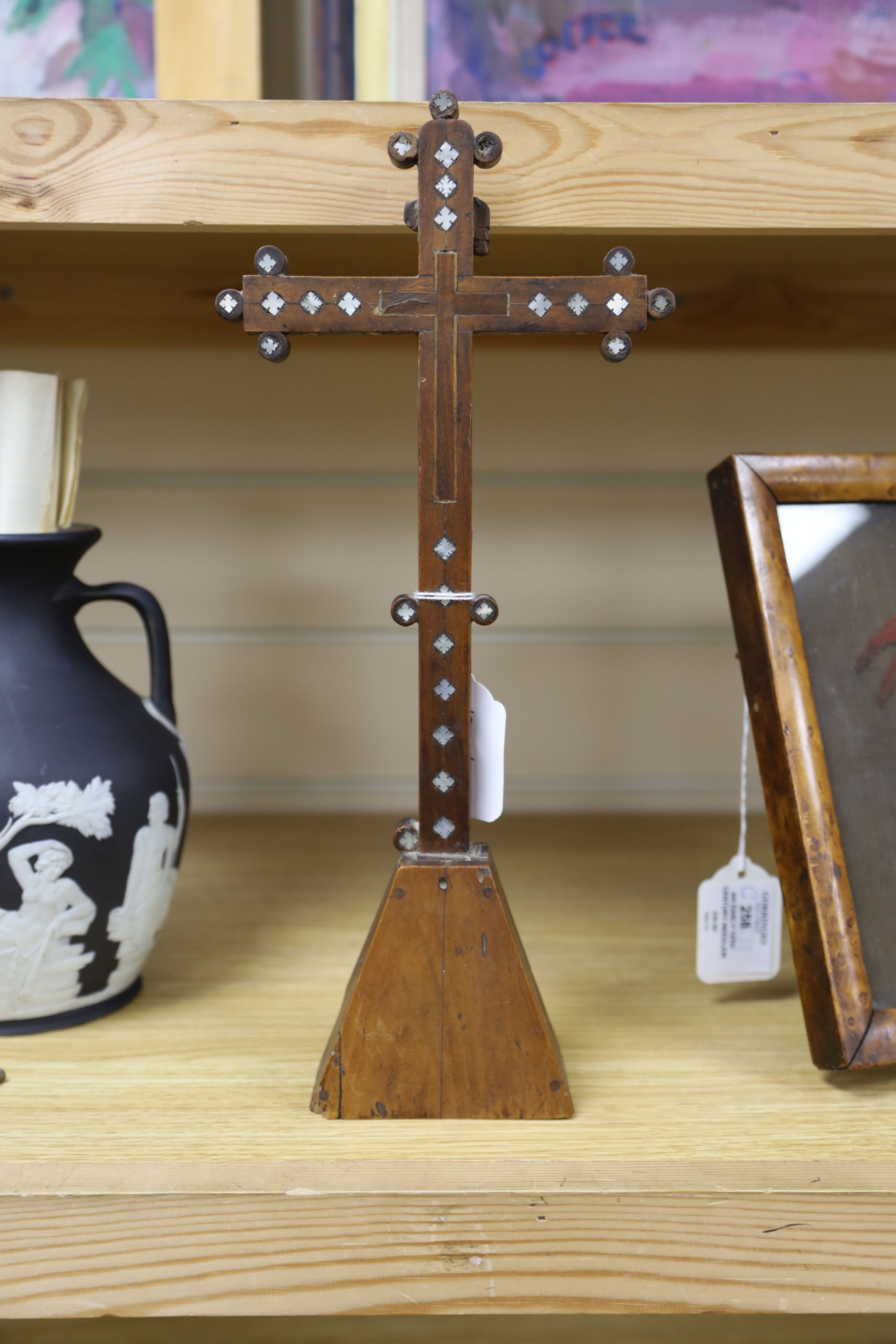 A 19th century Continental fruitwood crucifix with mother of pearl inlay, H 36cm